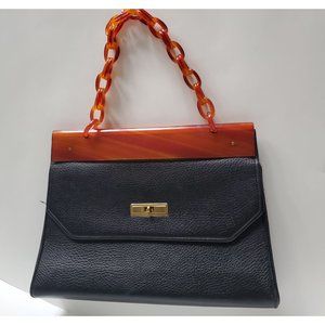 Vintage Black Leather and Lucite Purse Handbag Metal Zipper 50s 60s